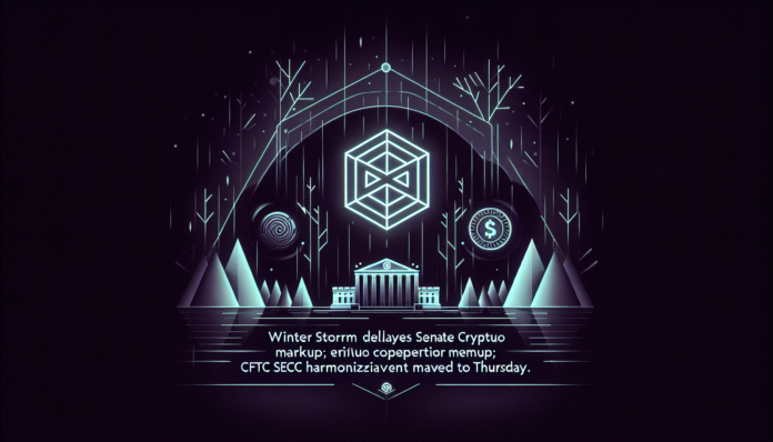 Winter storm delays Senate crypto markup; CFTC-SEC harmonization event moved to Thursday.