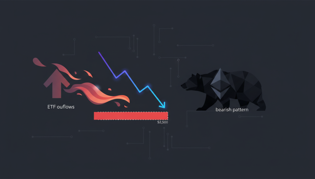 Ethereum nears critical $2,500 support amid ETF outflows, bearish pattern.