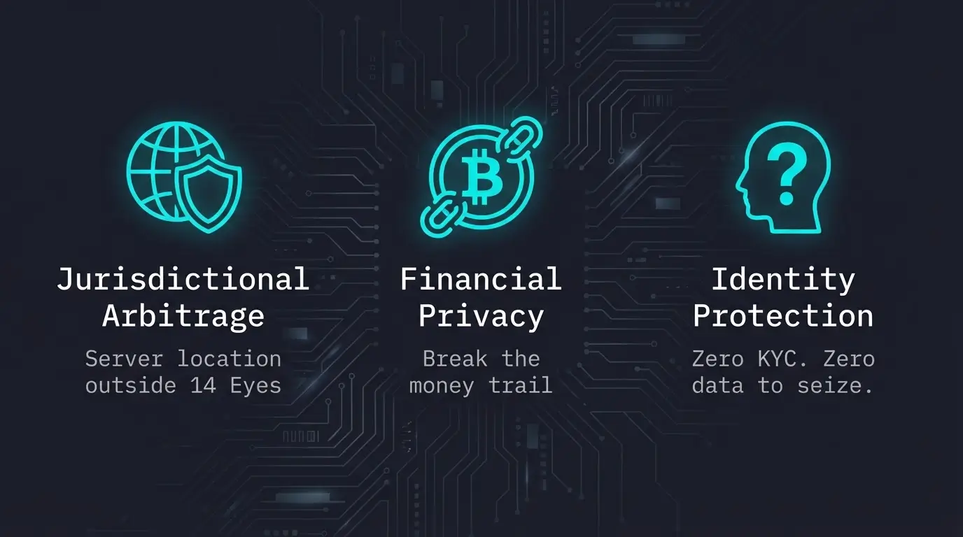 Infographic showing the three pillars of hosting sovereignty, jurisdictional arbitrage, financial privacy, and identity protection, all three required for true anonymity.