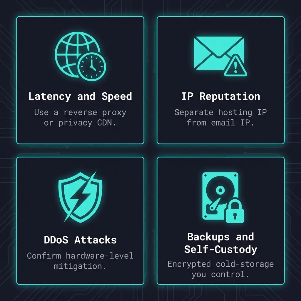 Four-panel icon grid showing the main technical challenges of offshore hosting, latency, IP reputation, DDoS attacks, and backup self-custody, with a one-line solution for each.