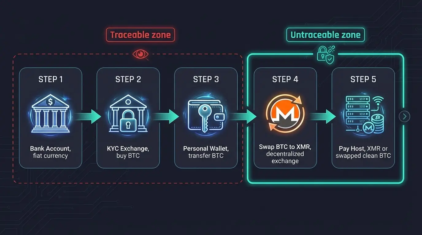 Step-by-step process flow diagram showing the Monero bridge workflow for anonymous hosting payments, from bank account through KYC exchange to personal wallet, then swapping BTC to Monero to break the traceability chain before paying the hosting provider.
