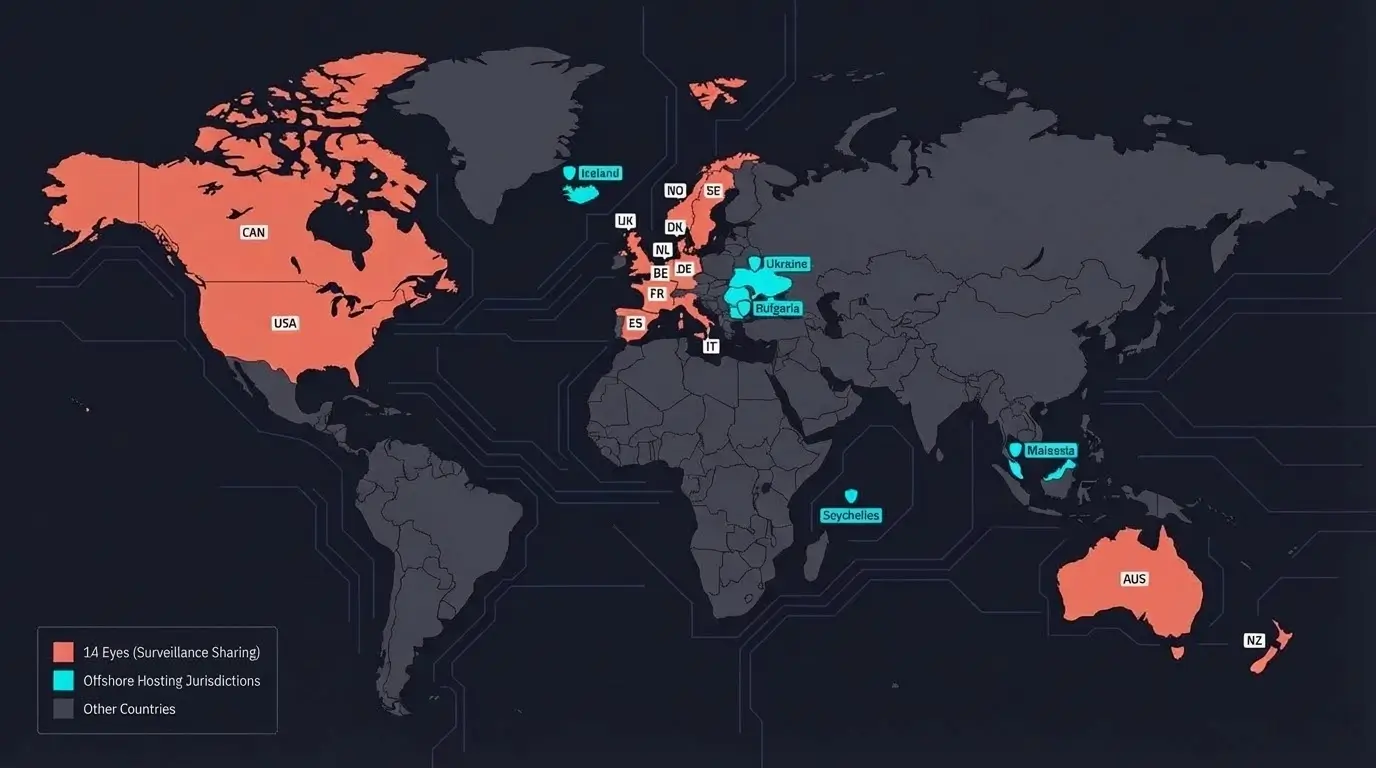 World map highlighting the 14 Eyes surveillance alliance countries in red and offshore hosting jurisdictions like Malaysia, Iceland, Seychelles, Ukraine, and Bulgaria in teal.