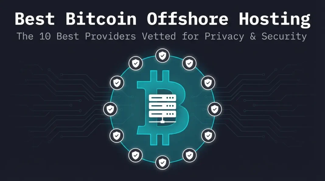 Featured image for the best bitcoin offshore hosting guide for 2026, showing a Bitcoin symbol overlaid with a server rack icon surrounded by 10 shield icons representing the vetted providers, with three pillar icons for jurisdiction, financial privacy, and identity protection.