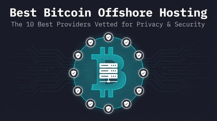Featured image for the best bitcoin offshore hosting guide for 2026, showing a Bitcoin symbol overlaid with a server rack icon surrounded by 10 shield icons representing the vetted providers, with three pillar icons for jurisdiction, financial privacy, and identity protection.
