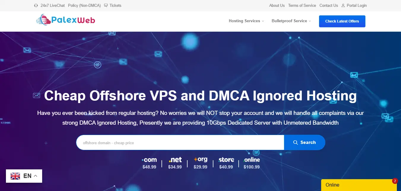 PalexWeb Offshore Hosting Homepage Screenshot