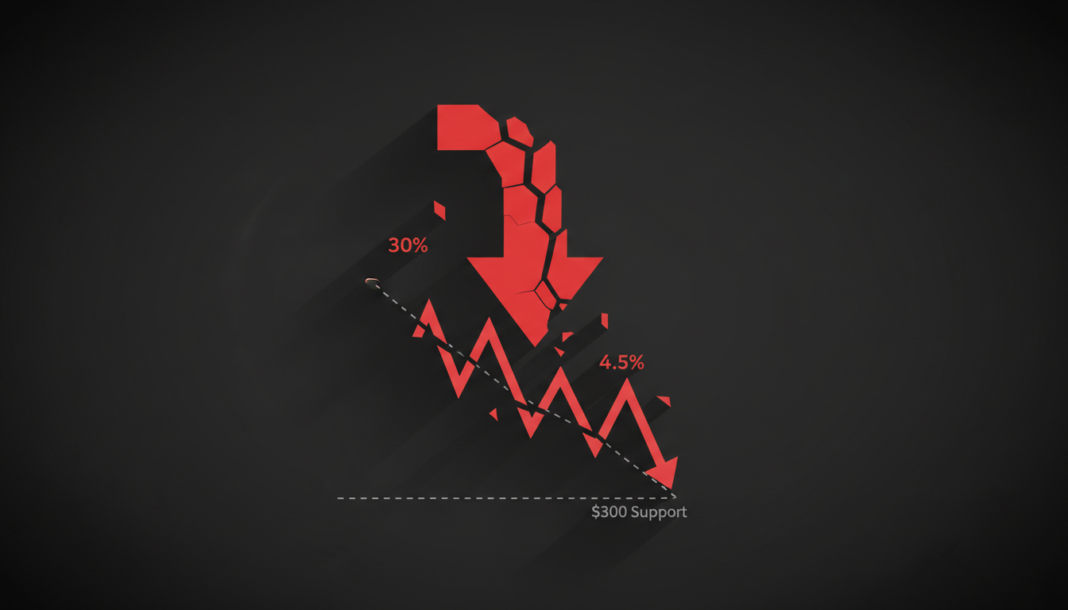 Zcash Slumps 4.5%, Breaks $300 Support; Analysts Warn of Potential 30% Drop