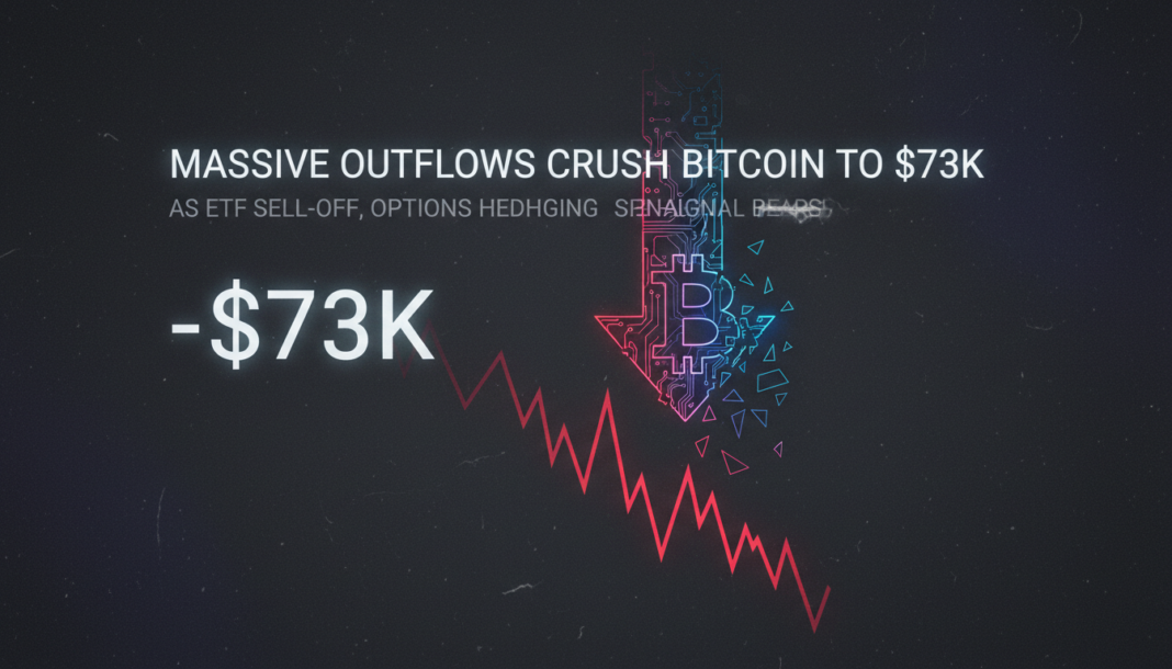 Massive Outflows Crush Bitcoin to $73K as ETF Sell-Off, Options Hedging Signal Bears