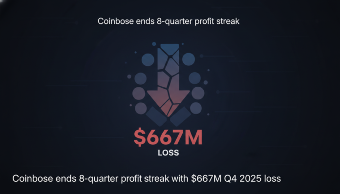 Coinbase ends 8-quarter profit streak with $667M Q4 2025 loss