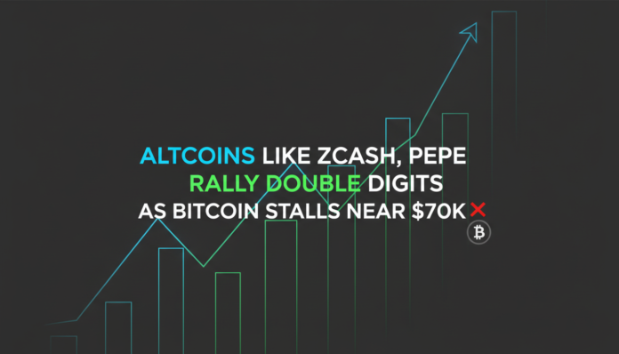 Altcoins Like Zcash, Pepe Rally Double Digits as Bitcoin Stalls Near $70K