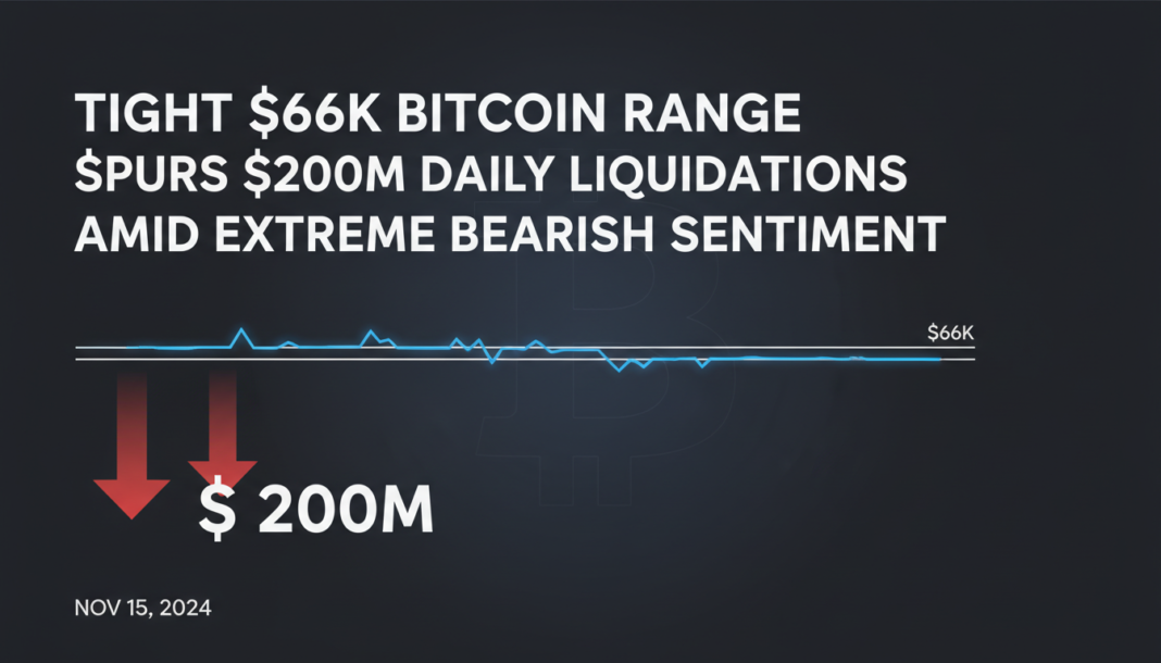 Tight $66K Bitcoin range spurs $200M daily liquidations amid extreme bearish sentiment.