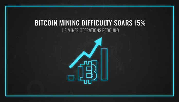 Bitcoin Mining Difficulty Soars 15% as US Miner Operations Rebound
