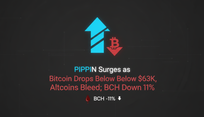 PIPPIN Surges as Bitcoin Drops Below $63K, Altcoins Bleed; BCH Down 11%