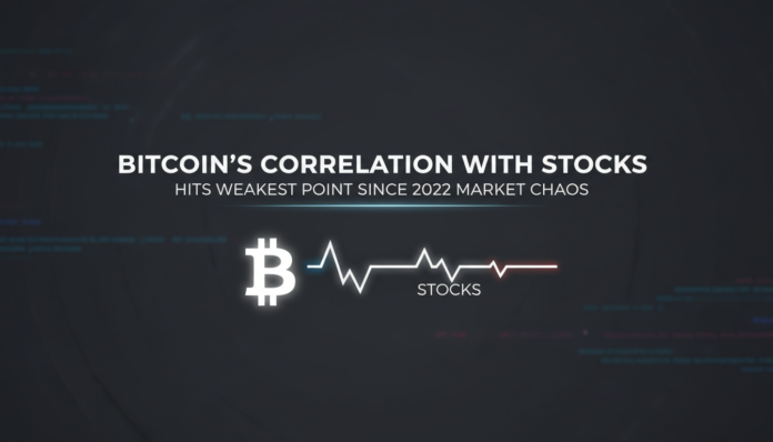 Bitcoin's correlation with stocks hits weakest point since 2022 market chaos