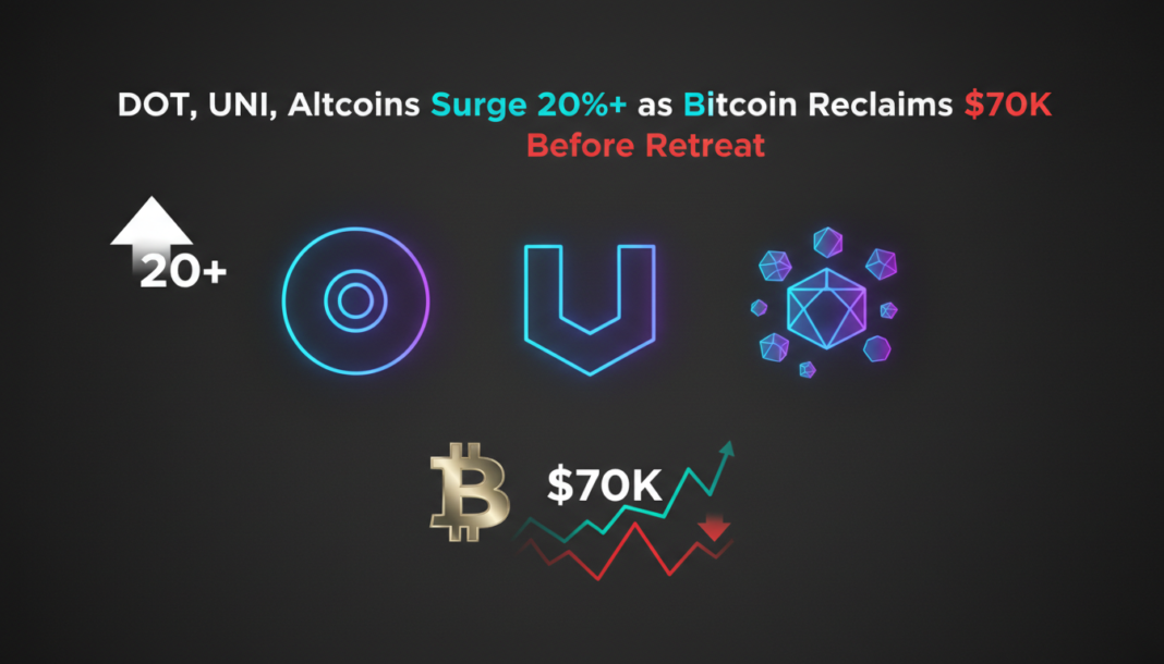 DOT, UNI, Altcoins Surge 20%+ as Bitcoin Reclaims $70K Before Retreat