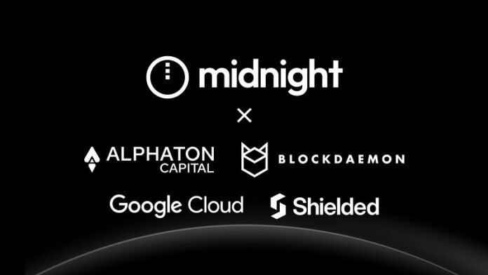 Midnight foundation, AlphaTon Capital, BlockDaemon, Google Cloud, Shielded Techonologies Logos on Black Background