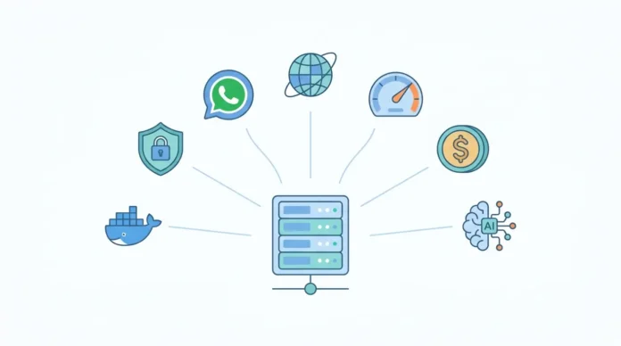 Diagram showing OpenClaw AI agent connected to hosting providers, Docker, WhatsApp, and privacy tools