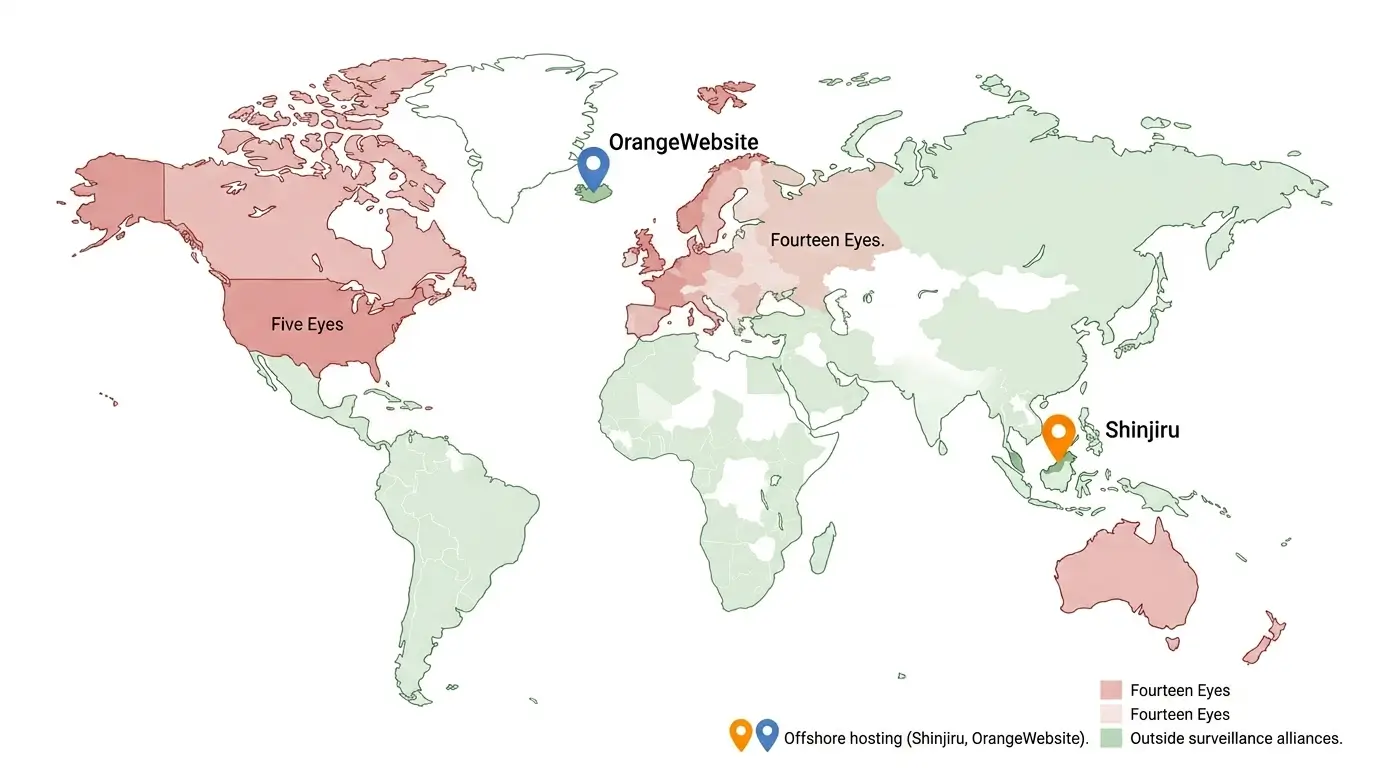 World map showing Five Eyes and Fourteen Eyes surveillance alliance countries, with Shinjiru (Malaysia) and OrangeWebsite (Iceland) marked outside these zones