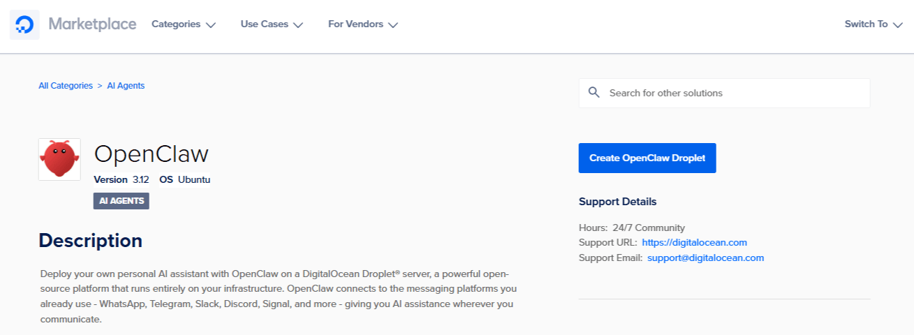 DigitalOcean Marketplace listing for OpenClaw 1-click Droplet deployment