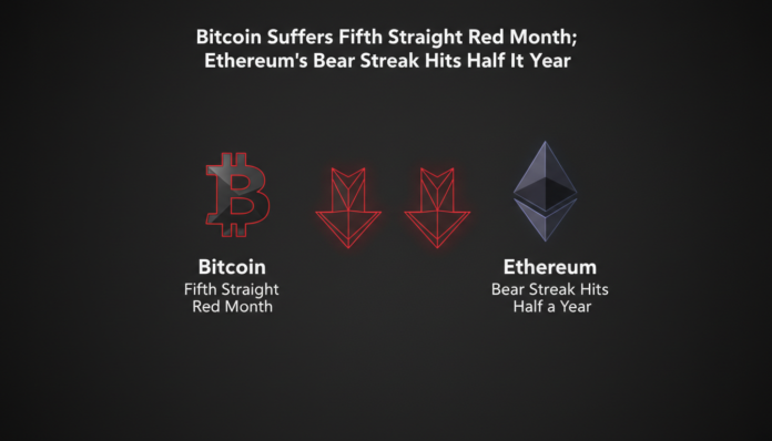 Bitcoin Suffers Fifth Straight Red Month; Ethereum's Bear Streak Hits Half a Year