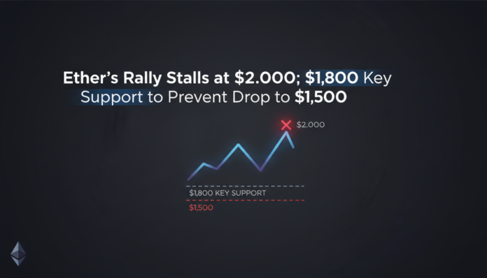 Ether's Rally Stalls at $2,000; $1,800 Key Support to Prevent Drop to $1,500