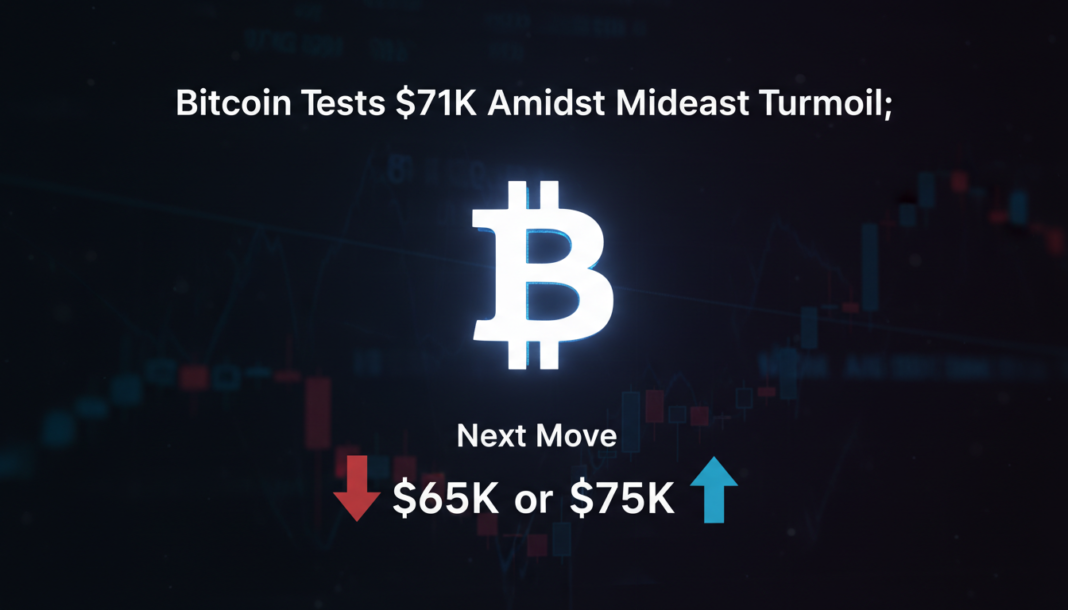 Bitcoin Tests $71K Amidst Mideast Turmoil; Next Move $65K or $75K?