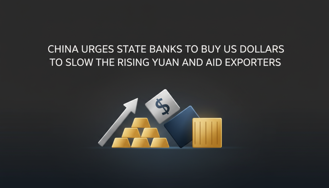 China urges state banks to buy US dollars to slow the rising yuan and aid exporters.