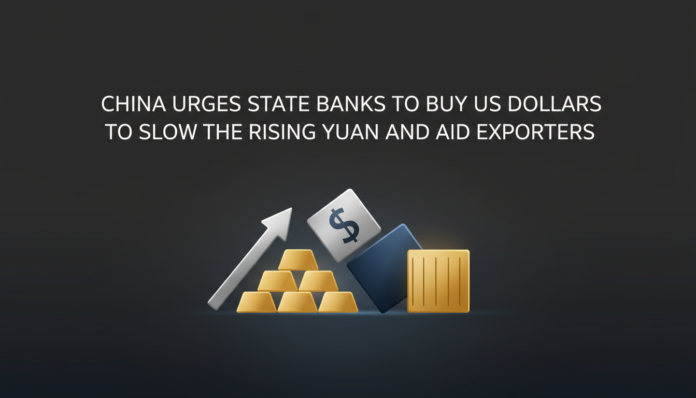 China urges state banks to buy US dollars to slow the rising yuan and aid exporters.