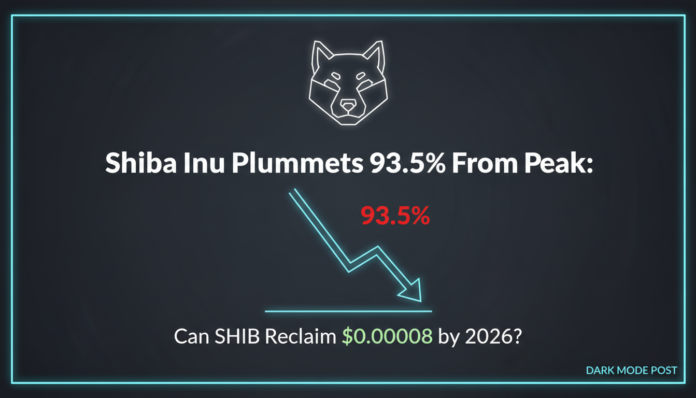 Shiba Inu Plummets 93.5% From Peak: Can SHIB Reclaim $0.00008 by 2026?
