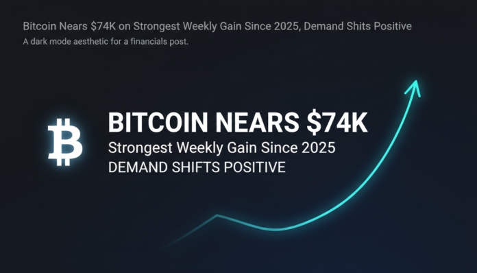 Bitcoin Nears $74K on Strongest Weekly Gain Since 2025, Demand Shifts Positive