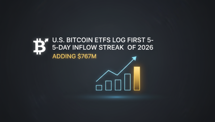 U.S. Bitcoin ETFs Log First 5-Day Inflow Streak of 2026, Adding $767M