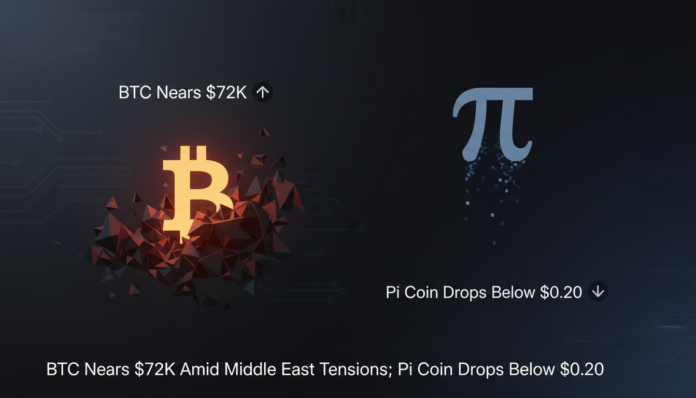 BTC Nears $72K Amid Middle East Tensions; Pi Coin Drops Below $0.20