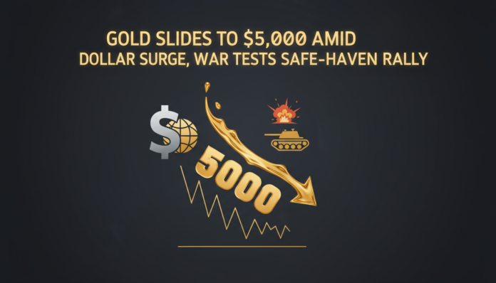 Gold Slides to $5,000 Amid Dollar Surge, War Tests Safe-Haven Rally