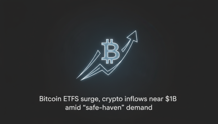 Bitcoin ETFs surge, crypto inflows near $1B amid 