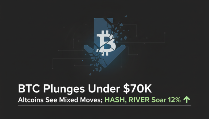 BTC Plunges Under $70K as Altcoins See Mixed Moves; HASH, RIVER Soar 12%