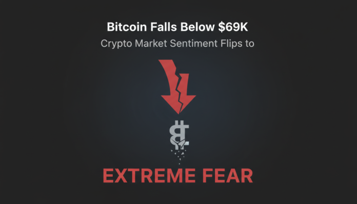 Bitcoin Falls Below $69K, Crypto Market Sentiment Flips to 'Extreme Fear'