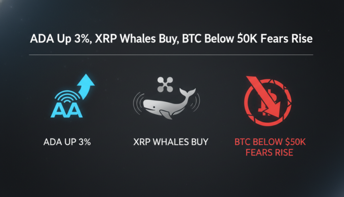 ADA Up 3%, XRP Whales Buy, BTC Below $50K Fears Rise