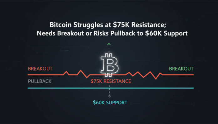 Bitcoin Struggles at $75K Resistance; Needs Breakout or Risks Pullback to $60K Support