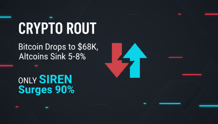 Crypto Rout: Bitcoin Drops to $68K, Altcoins Sink 5-8%, Only SIREN Surges 90%