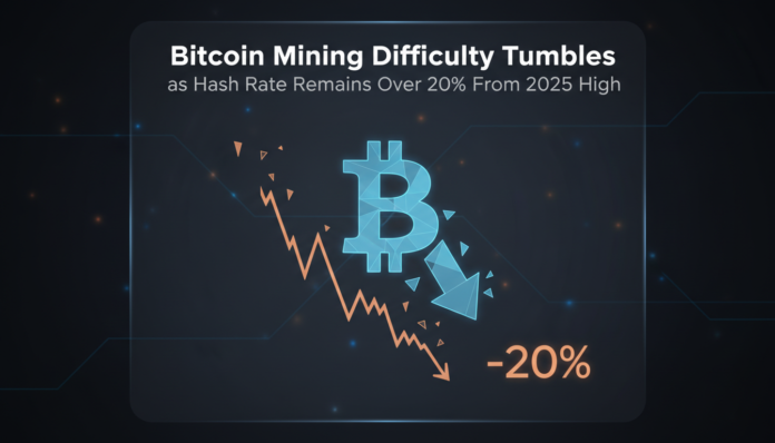 Bitcoin Mining Difficulty Tumbles as Hash Rate Remains Over 20% From 2025 High