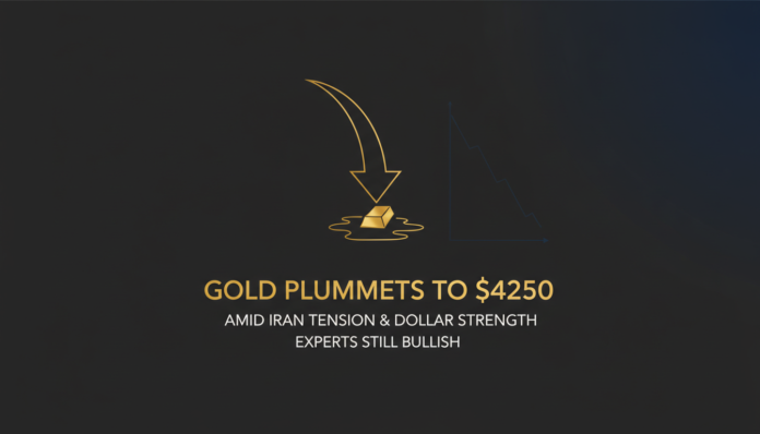Gold Plummets to $4250 Amid Iran Tension & Dollar Strength; Experts Still Bullish