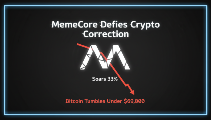 MemeCore Defies Crypto Correction, Soars 33% While Bitcoin Tumbles Under $69,000