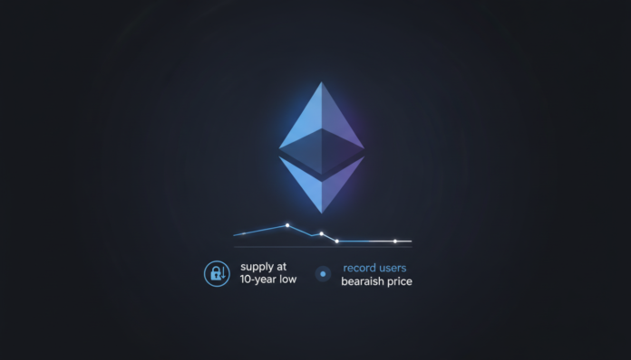 Ethereum Hits Record 3.64M Users, Supply at 10-Year Low Despite Bearish Price