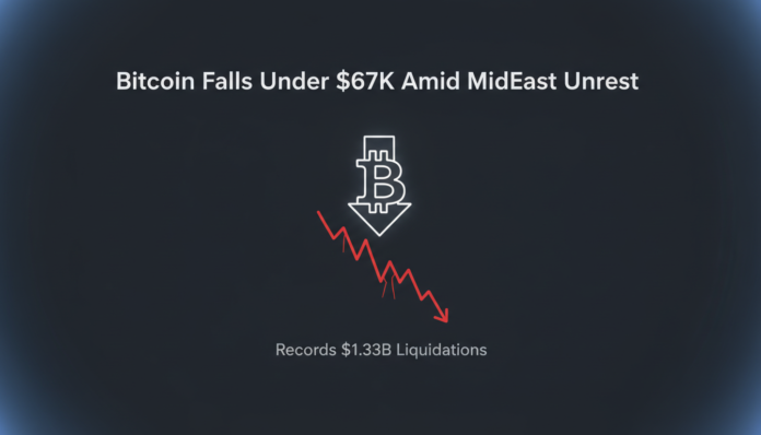 Bitcoin Falls Under $67K Amid MidEast Unrest, Records $1.33B Liquidations
