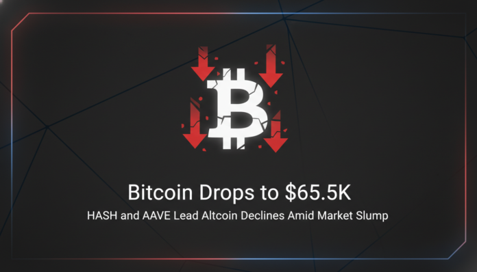 Bitcoin Drops to $65.5K, HASH and AAVE Lead Altcoin Declines Amid Market Slump