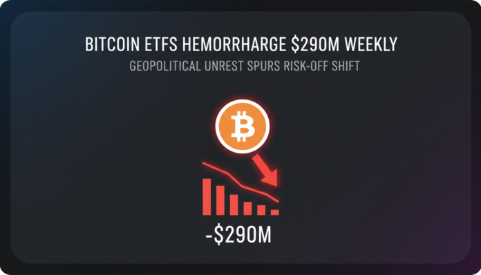 Bitcoin ETFs hemorrhage $290M weekly as geopolitical unrest spurs risk-off shift