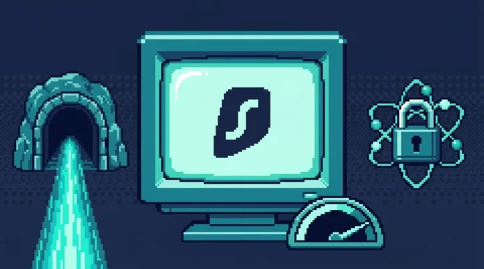Pixel art scene showing the Surfshark logo centered on a large retro computer monitor with a teal-glowing screen.