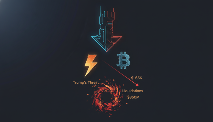 Trump's Iran Threat Sends Crypto Down 3%; BTC Nears $65K Amid $350M Liquidations