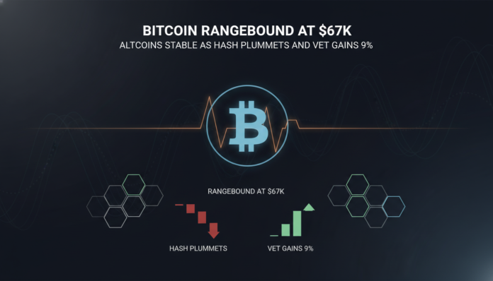 Bitcoin Rangebound at $67K, Altcoins Stable as HASH Plummets and VET Gains 9%