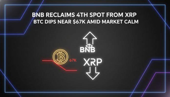BNB Reclaims 4th Spot From XRP; BTC Dips Near $67K Amid Market Calm