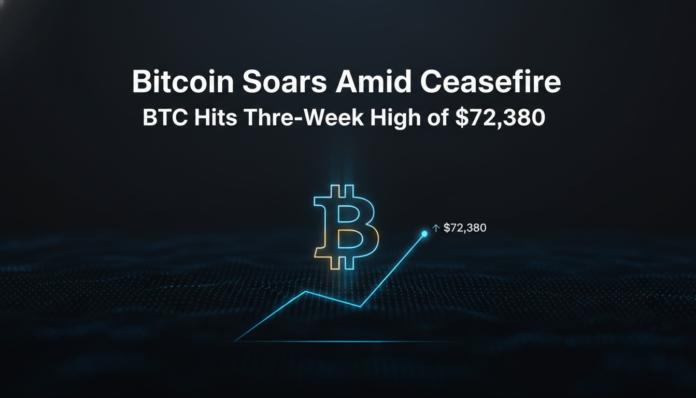 Bitcoin Soars Amid Ceasefire as BTC Hits Three-Week High of $72,380